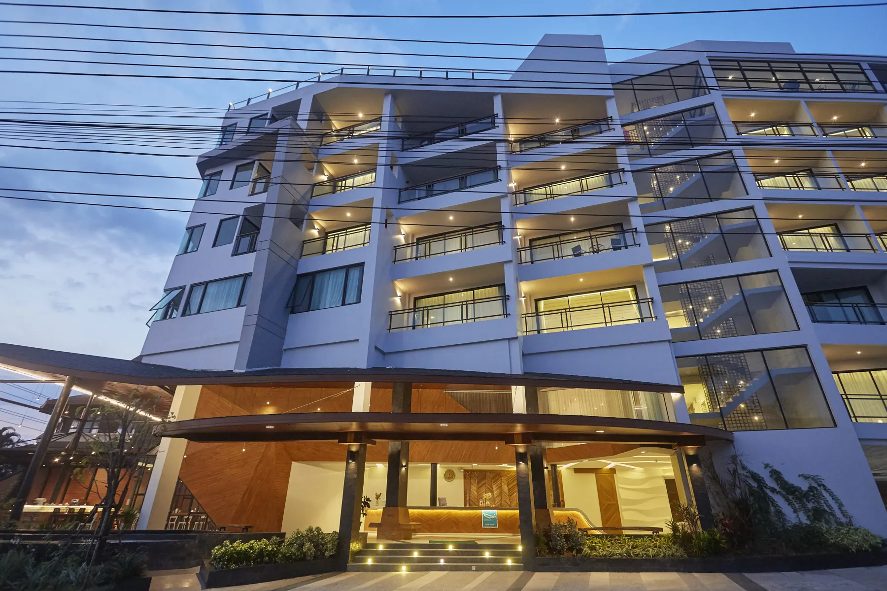 The hotel facade in the evening