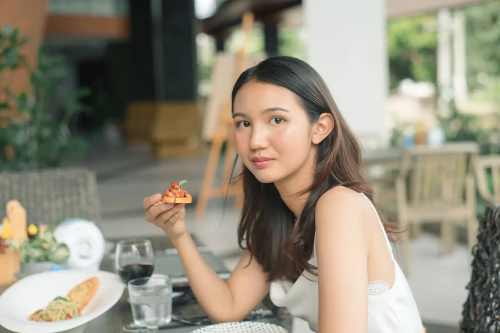 A guest enjoying lunch on the terrace