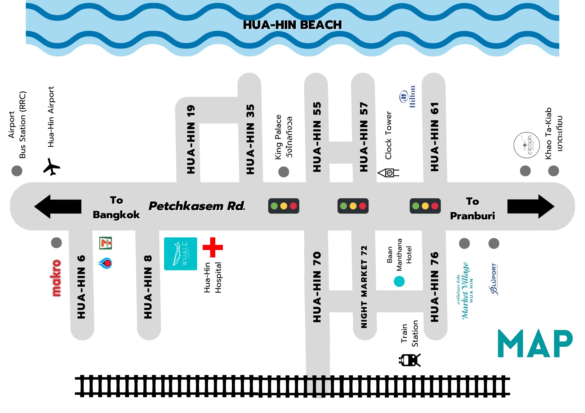 Map of central Hua Hin showing Petchkasem Road, the night market, the train station and the beach